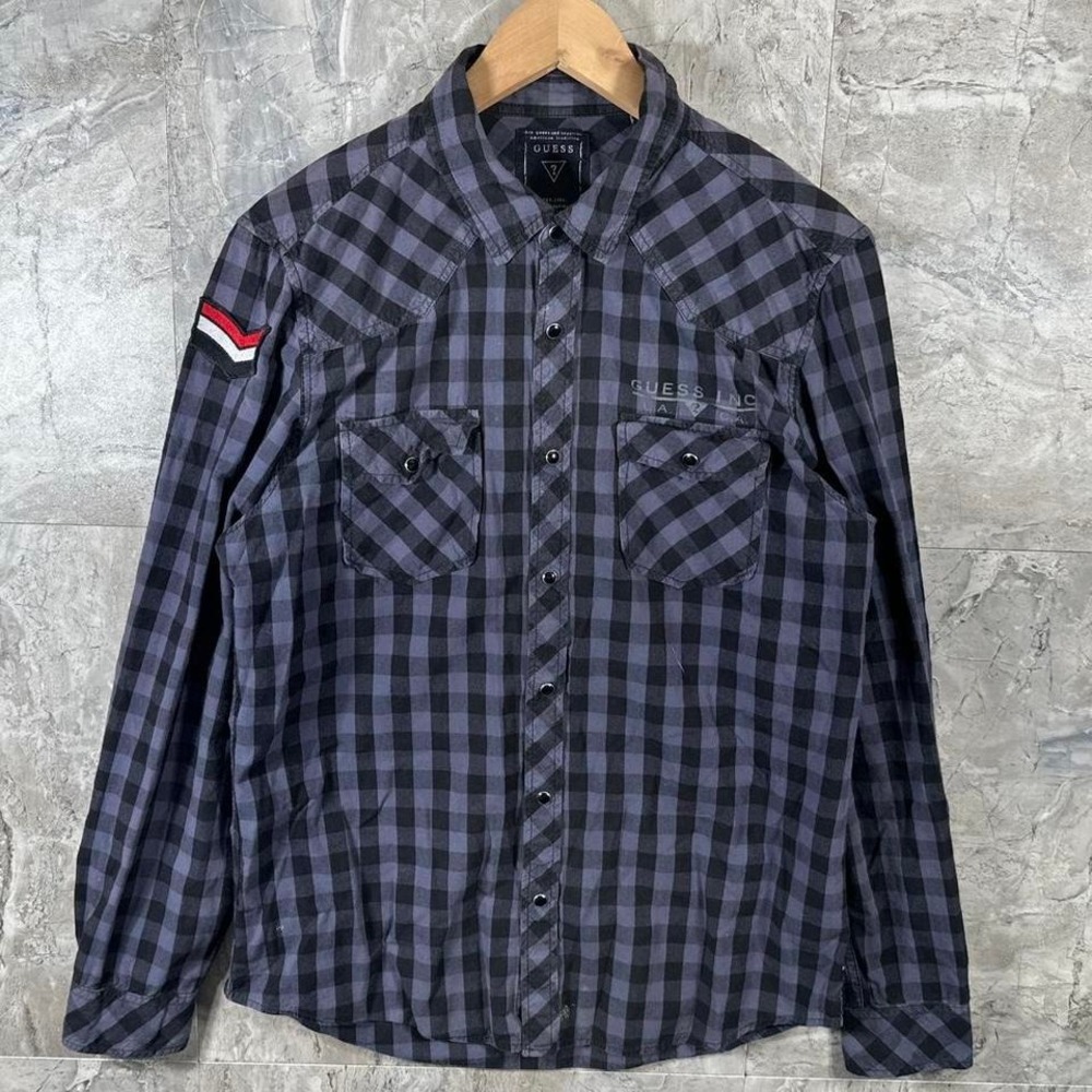 Guess black & grey checkered button-up shirt pearl snap embroidered patch Men L